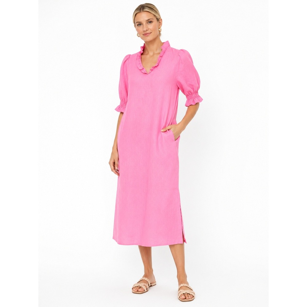 Masai Copenhagen Dress Women XS Bright Pink Linen Ruffle V-Neck Puff Sleeve Midi